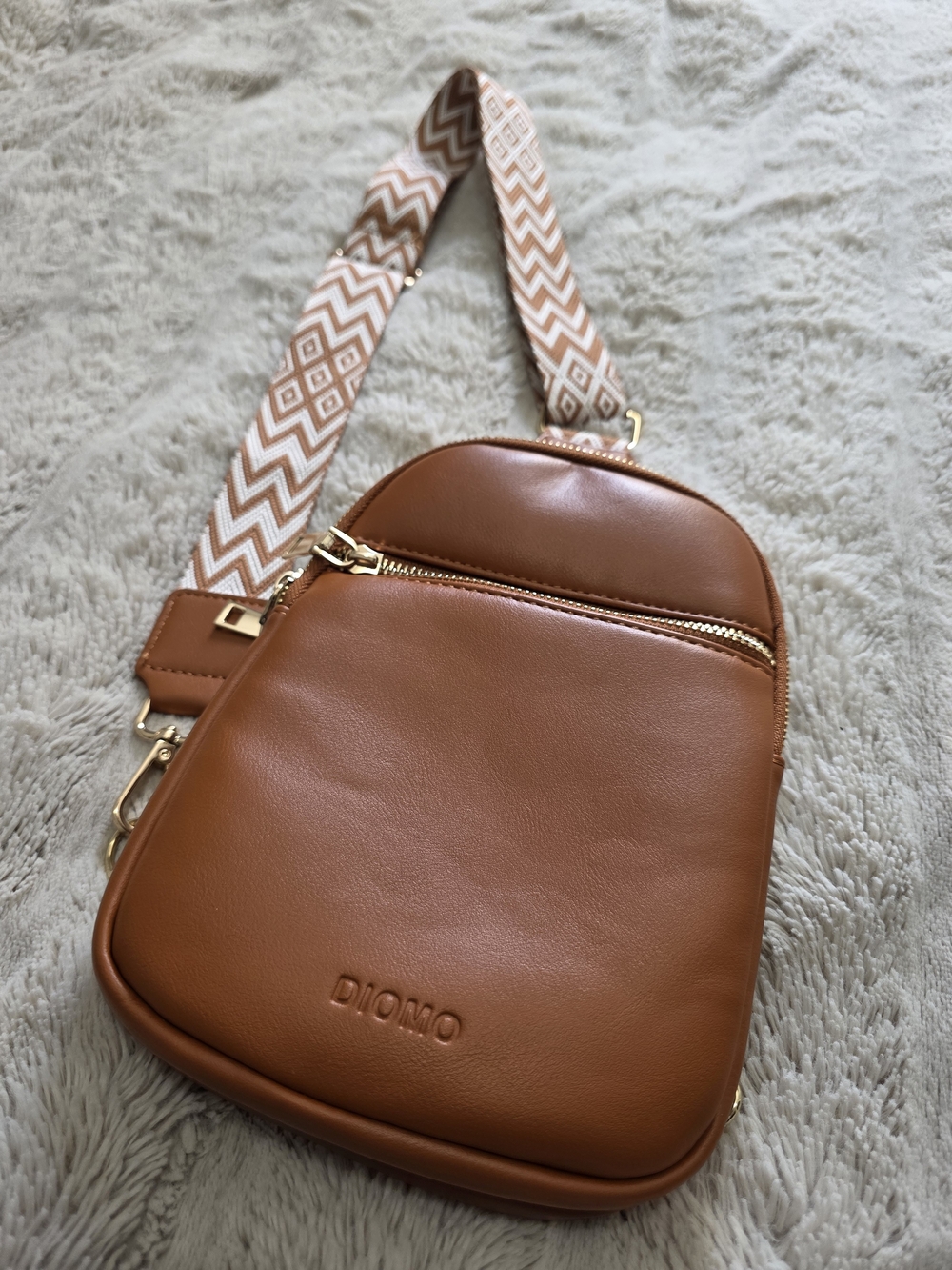 DIOMO Tan Cognac Crossbody Bag with Patterned Strap